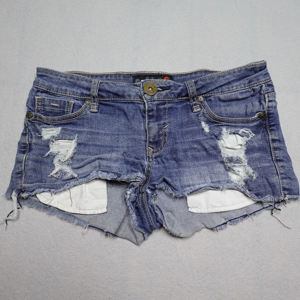 G By GUESS Shorts Womens XS Blue Denim mini Cargo Frayed Hem Distressed Low Rise